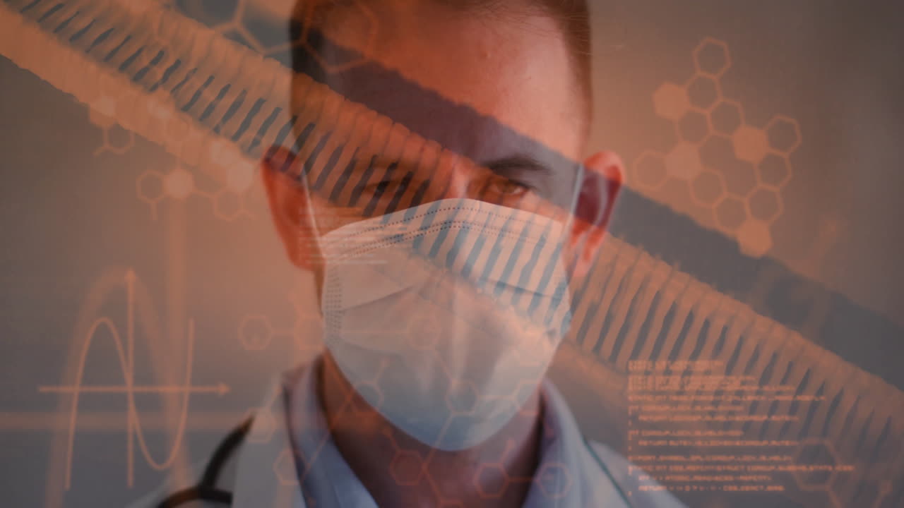 Yüz maskeli beyaz erkek cerrah üzerinde veri işleme ve DNA sarmallarının animasyonu