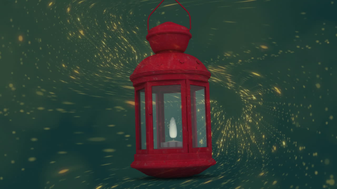 Floating red lantern with golden particles animation on green background
