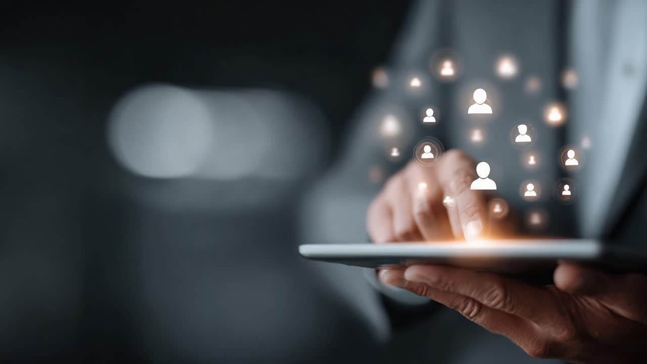 A Person Interacting with a Tablet Displaying a Network of User Icons, Symbolizing Connections and Digital Communication in a Modern Context