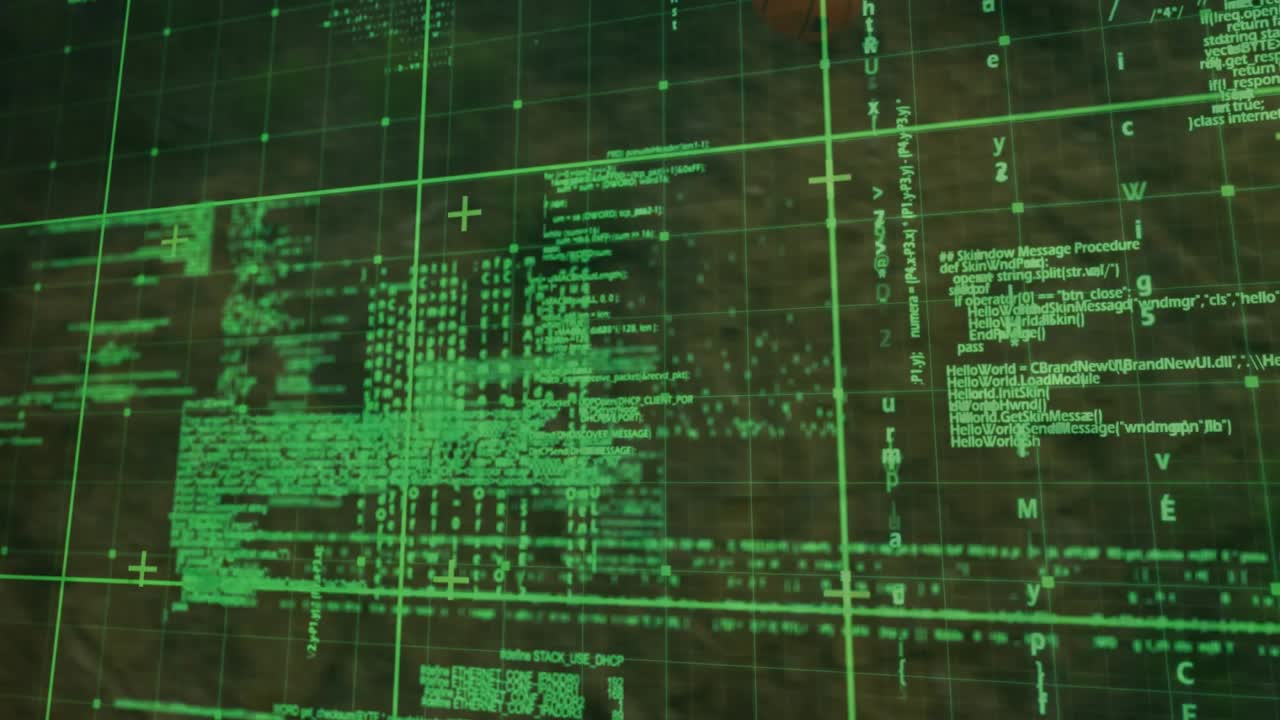 Gray shirt player shifting into jump shot to score, green sports tech grid engulfing hoop