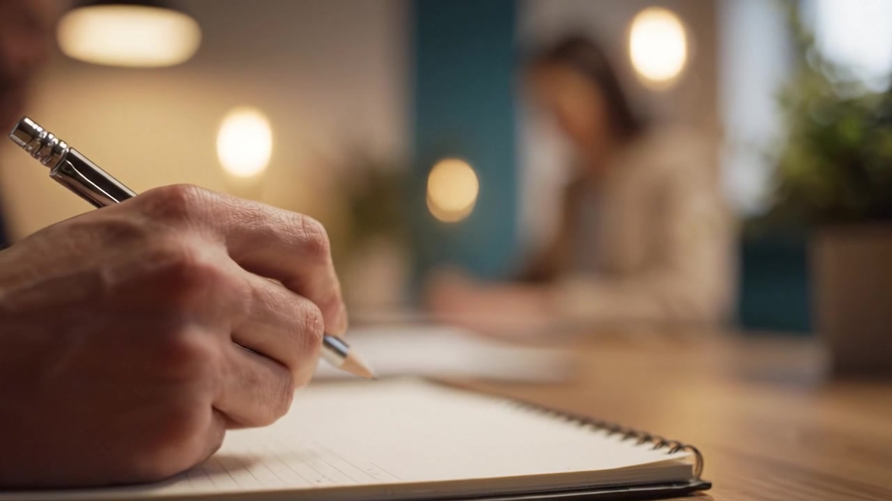 Discussione mirata e presa di appunti in uno spazio di lavoro moderno: riunione collaborativa con blocco note e matita in primo piano. Conversazioni coinvolgenti tra professionisti