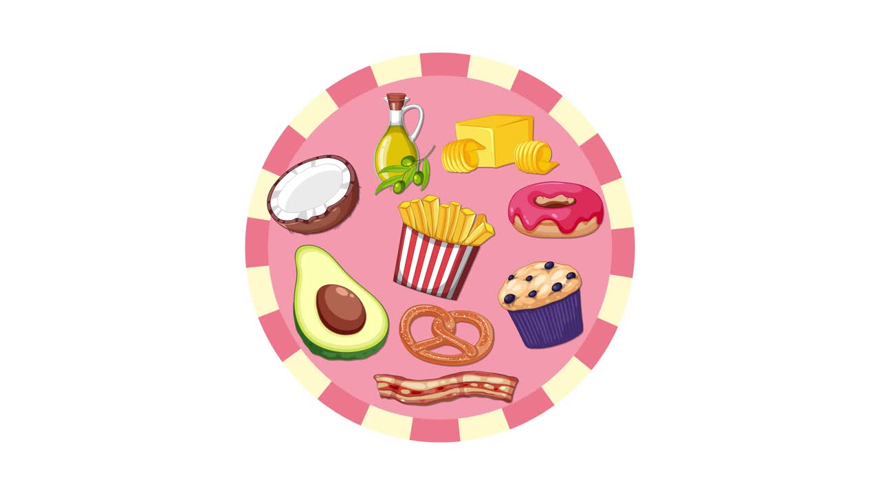 Various high-fat foods rotate smoothly on a pink circle with a clean white backdrop