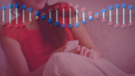 animación de adn sobre una mujer asiática usando un teléfono inteligente y sentada en el sofá