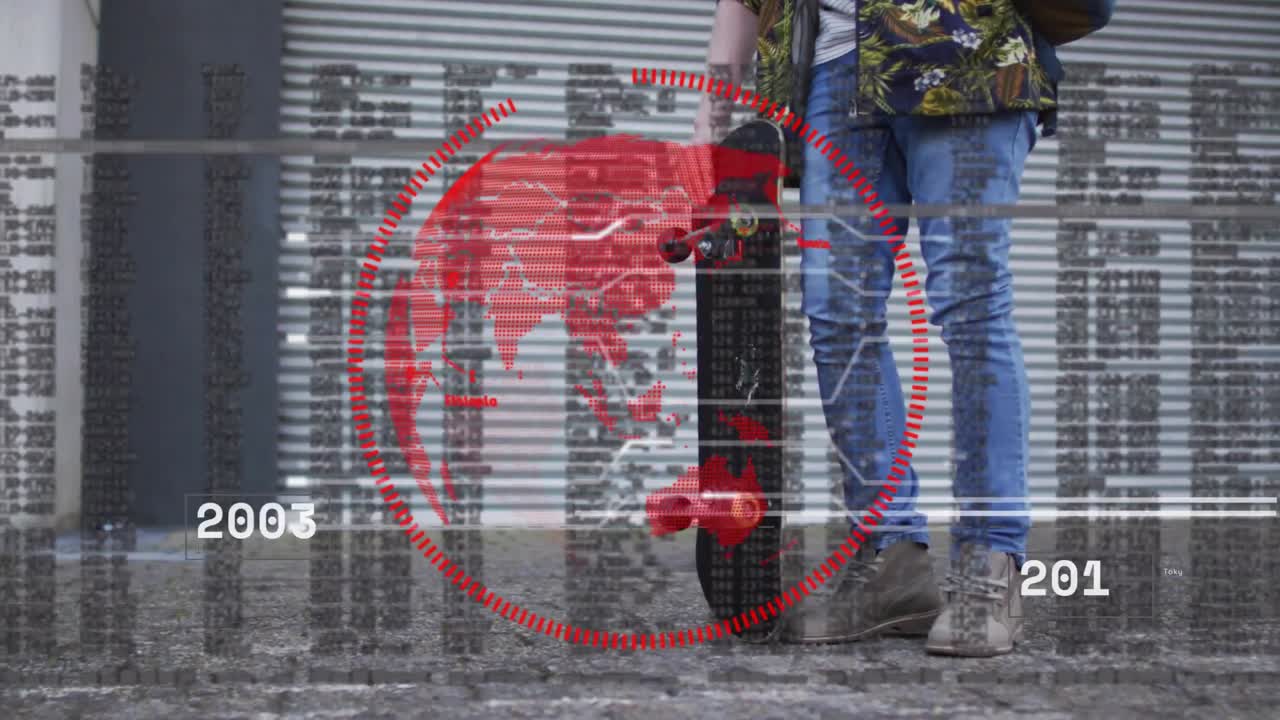 Man tapping board with foot lifting and balancing while red globe timeline overlaying for marketing