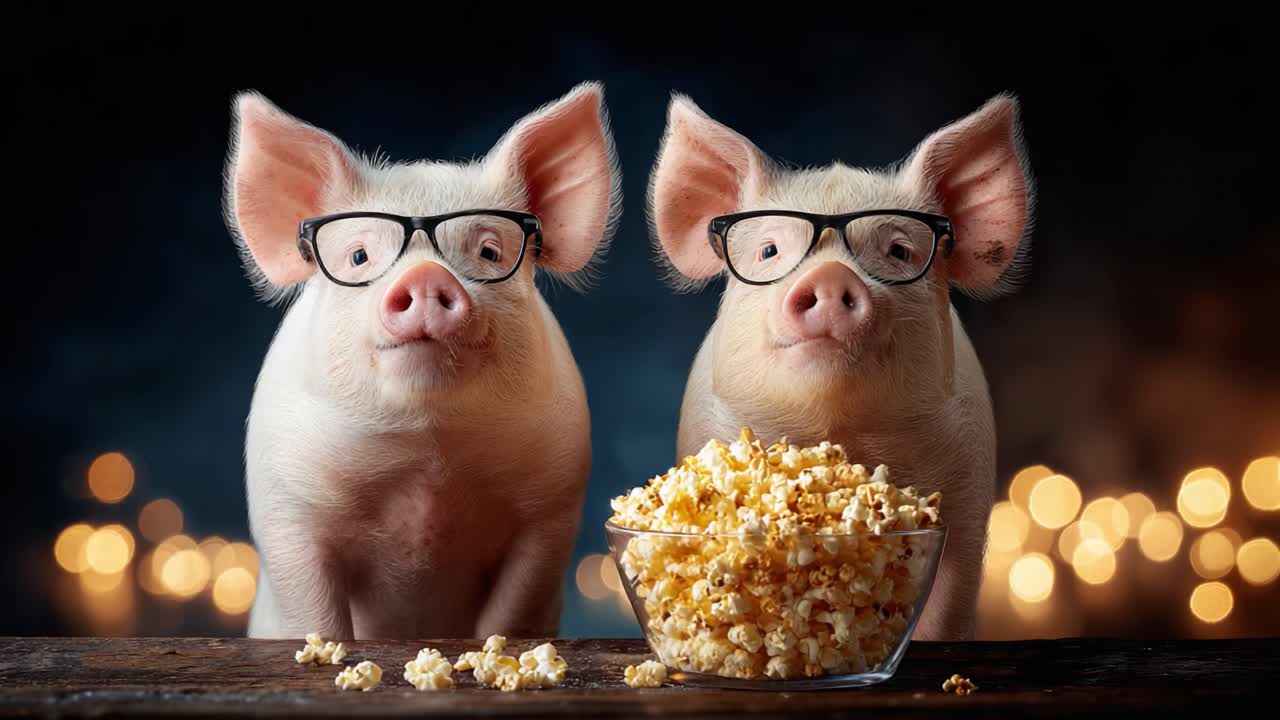 Two Adorable Pigs Wearing Glasses Enjoying a Bowl of Popcorn Under a Softly Lit Background, Capturing Their Playful and Curious Nature in a Whimsical Setting