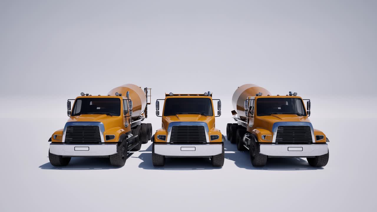 US dump truck and mixer trucks on white background 3D animation camera dolly up