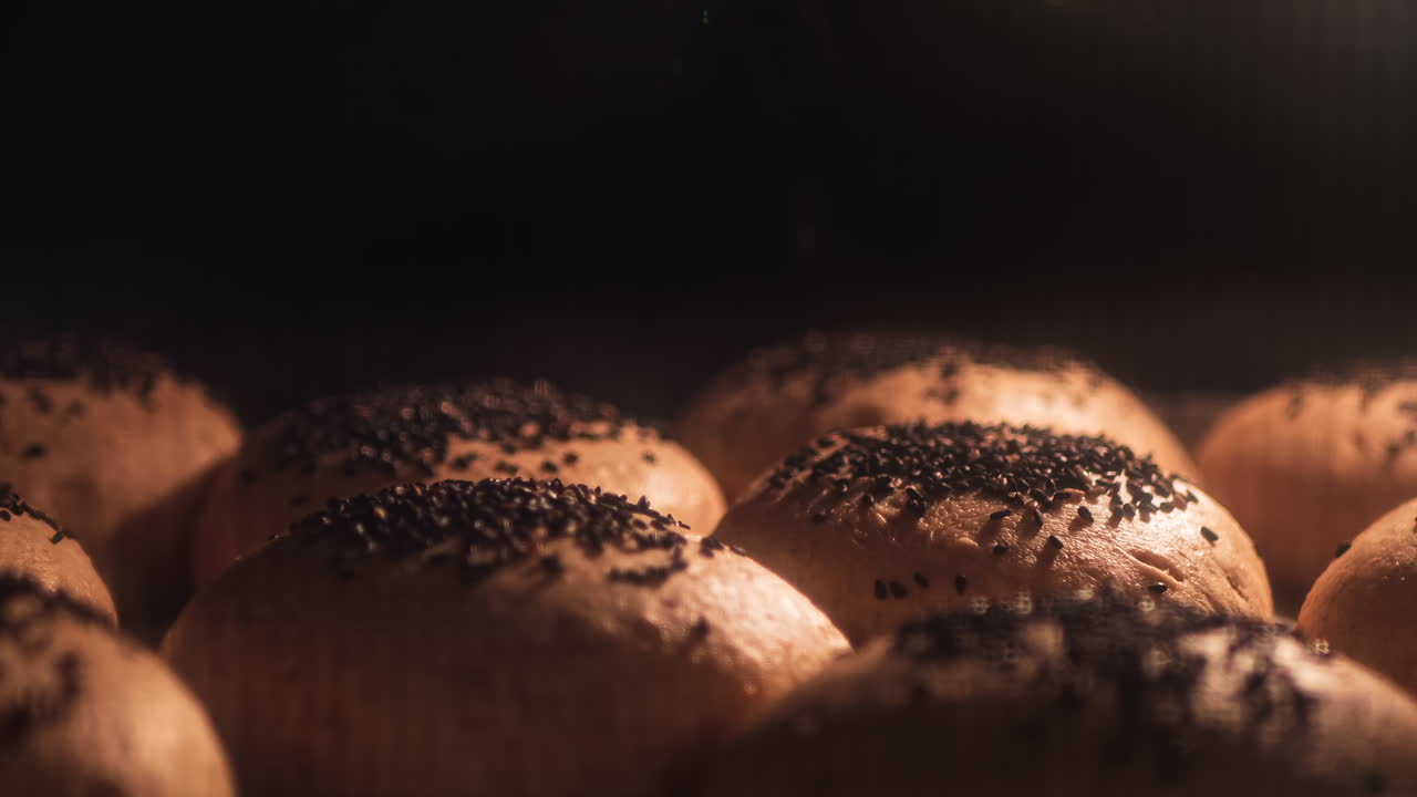 View from inside oven of homemade hamburger buns baking