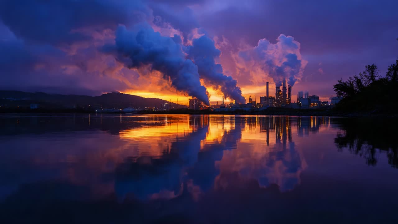Dramatisk industrielt landskab: Den majestætiske dans af skorstene og refleksioner ved solnedgang, der oplyser vandoverfladernes ro midt i en himmel fuld af livlige farver.