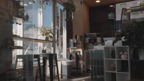 bright and inviting matcha cafe interior in sugarhouse, utah, with plants, modern furniture, and sunlight streaming through large windows.