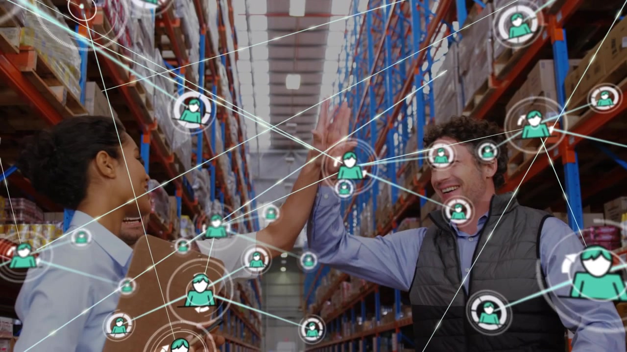 Animation of network of profile icon over diverse male and female supervisors high fiving each other