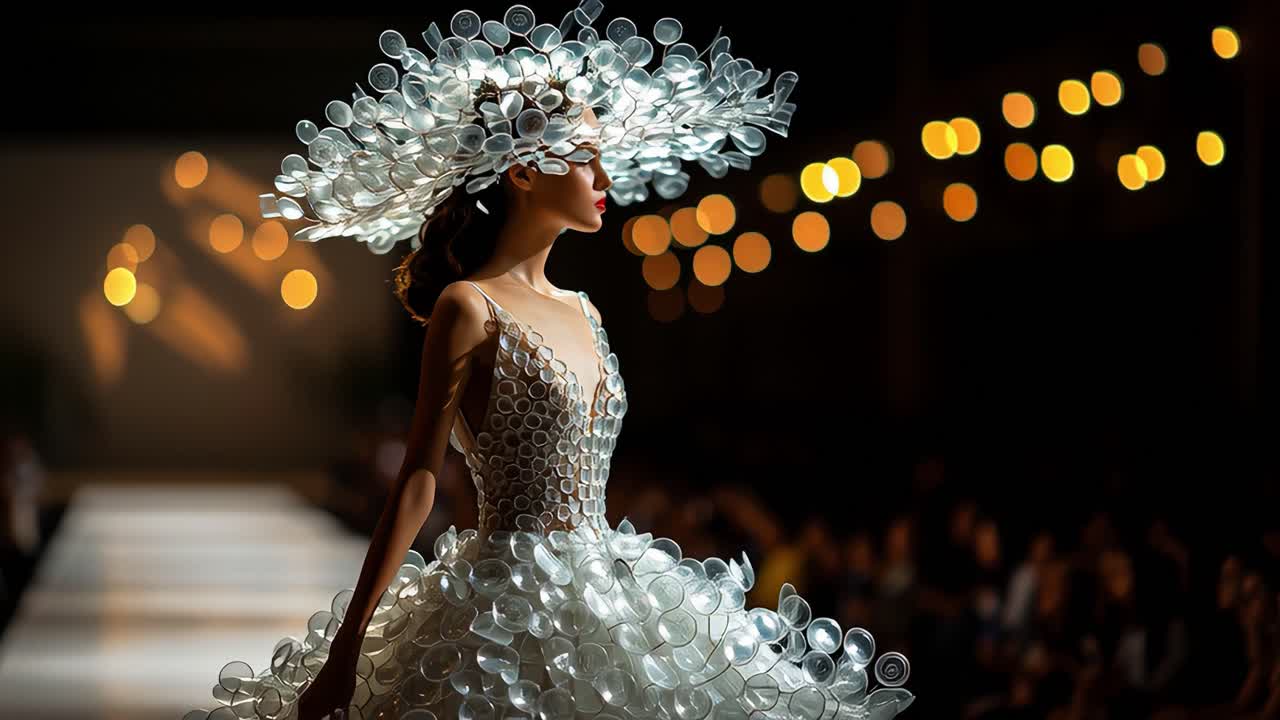 Innovative Fashion Show Featuring a Stunning Dress Made of Transparent Materials, With Unique Textures and Shapes Captivating the Audience in a Dazzling Runway Presentation