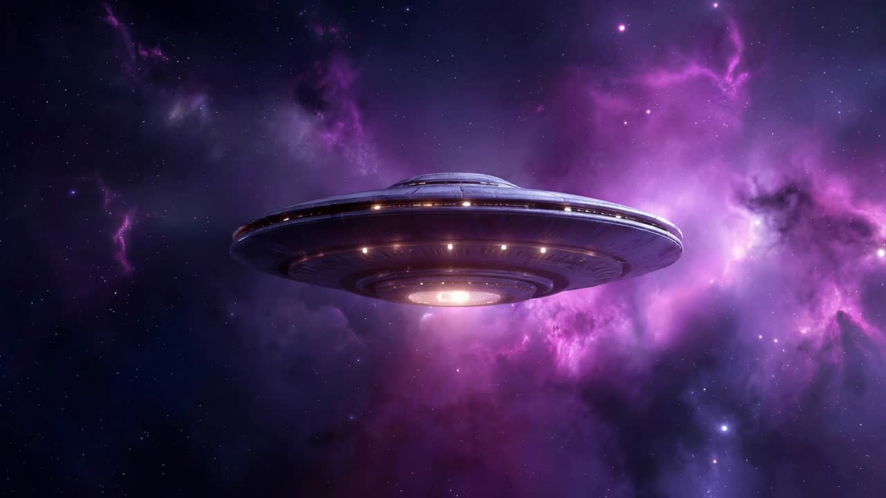 Extraterrestrial spacecraft hovers within swirling violet and glowing clouds of cosmic dust