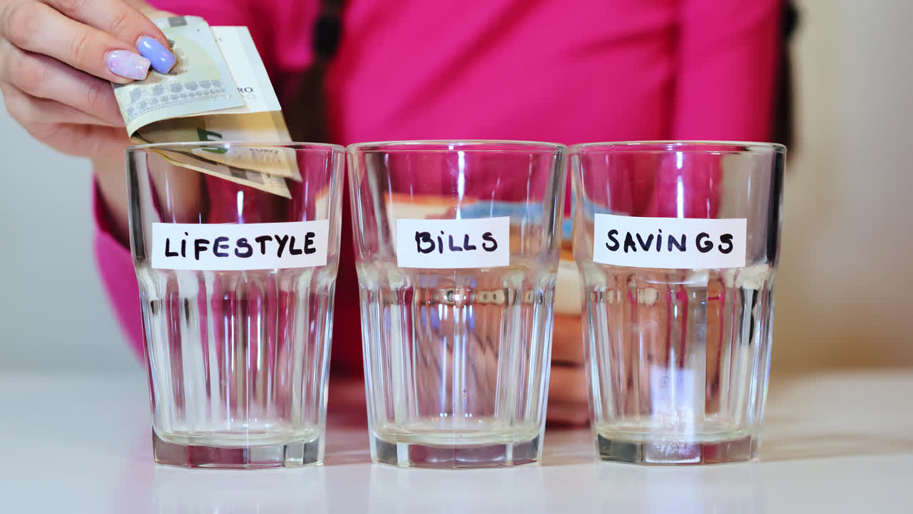 Lifestyle jar receives folded euro notes in organized saving, expense strategy