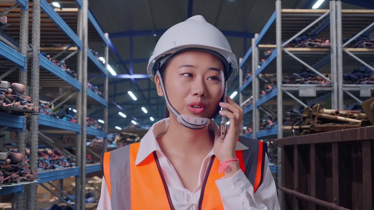 産業用スクラップ金属・リサイクル倉庫で、スマートフォンで会話しながら歩くアジア人女性エンジニアの正面からの眺め。
