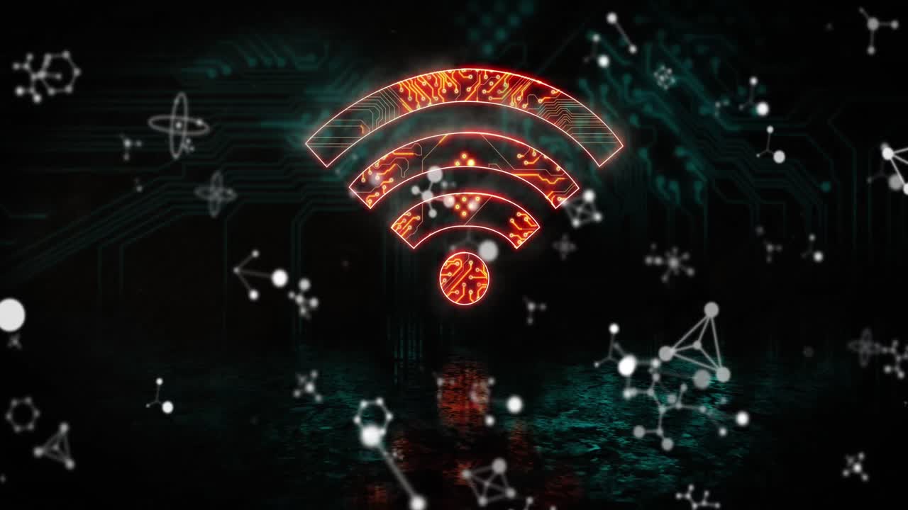 animación de moléculas sobre icono wifi con placa de circuito de computadora en fondo negro