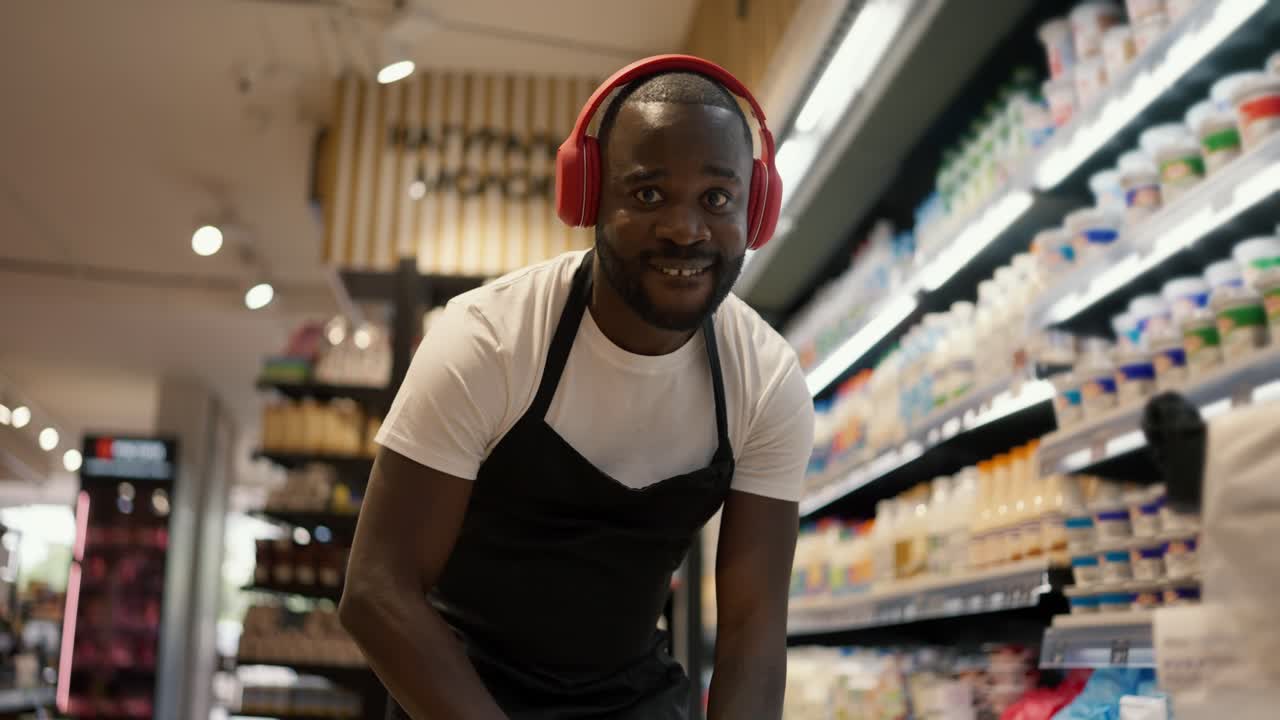 Close-up shot of a Black-skinned man in red headphones and a black apron dancing in the dairy department of a supermarket