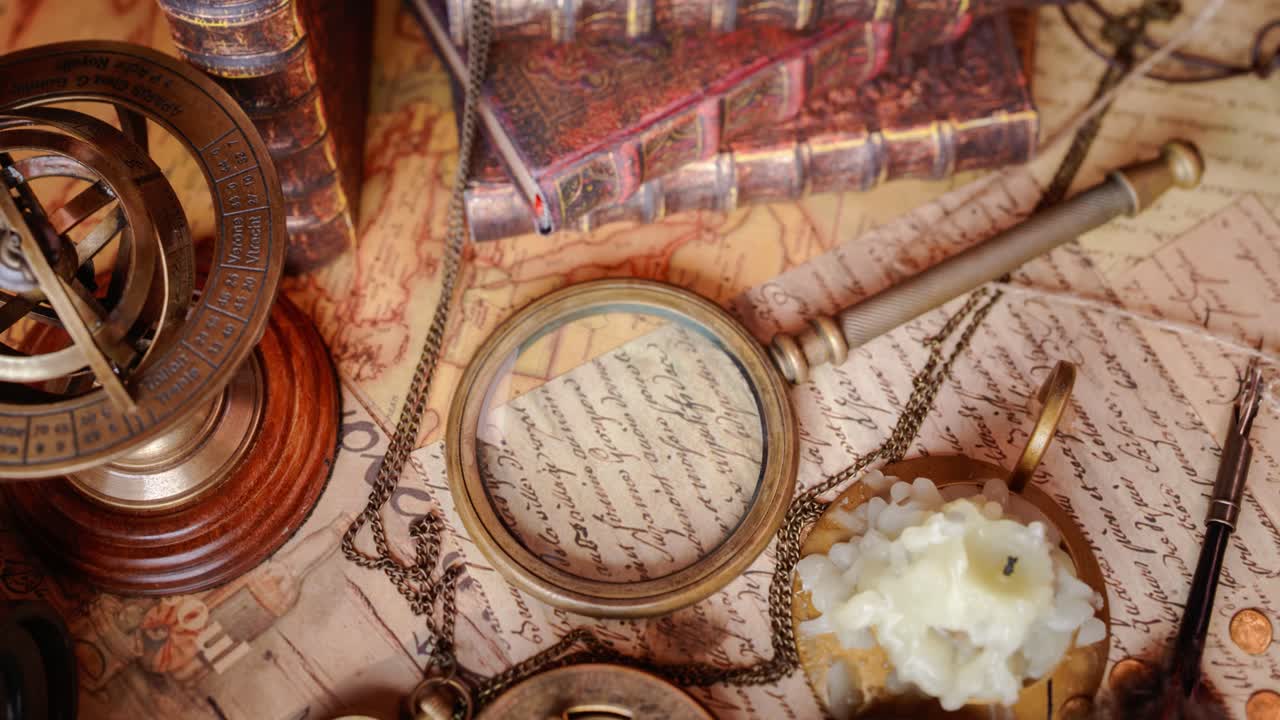 빈티지 스타일의 여행과 모험. 빈티지 오래된 나침반과 테이블에 있는 다른 빈티지 물건들.