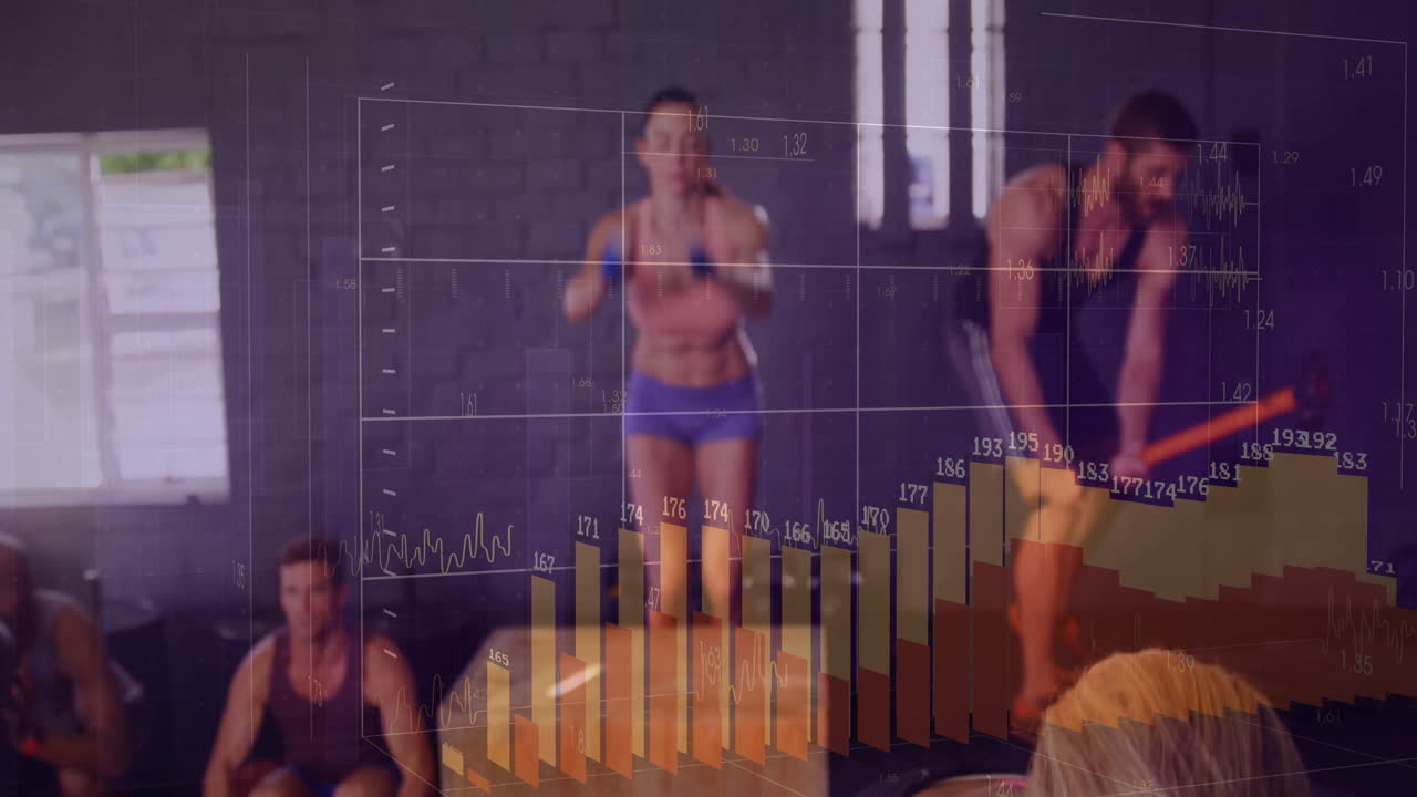 Fitness group exercising with jump rope and sledgehammer on tire, showing 3D bar charts and graphs