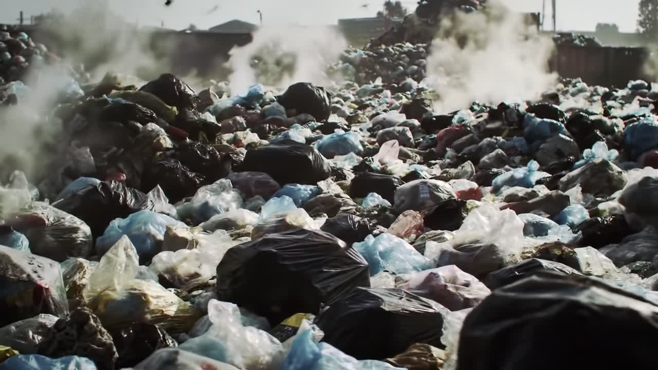 A Haunting Visual of Environmental Decay: Mountains of Trash Accumulate and Fester Under Heavy Smoke, Signifying the Urgency for Waste Management and Environmental Awareness