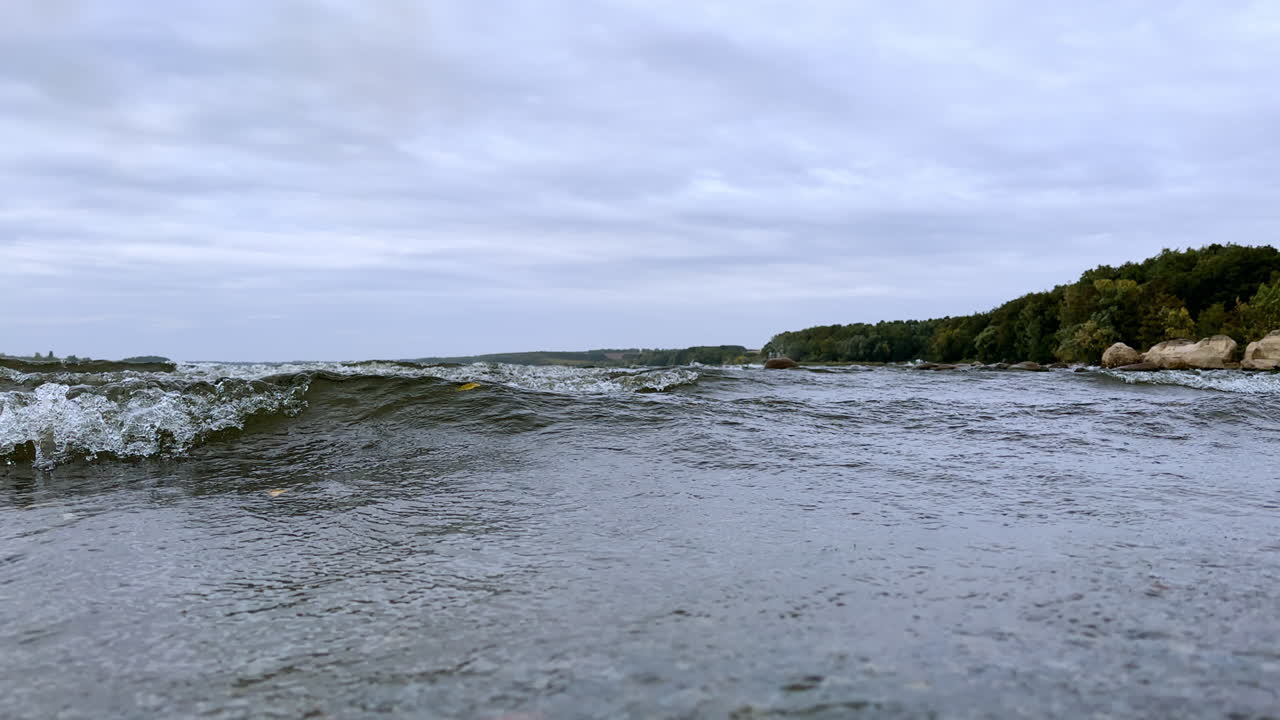 Waves rolling up to the camera. Windy grey day on the river. Green trees at waterfront.