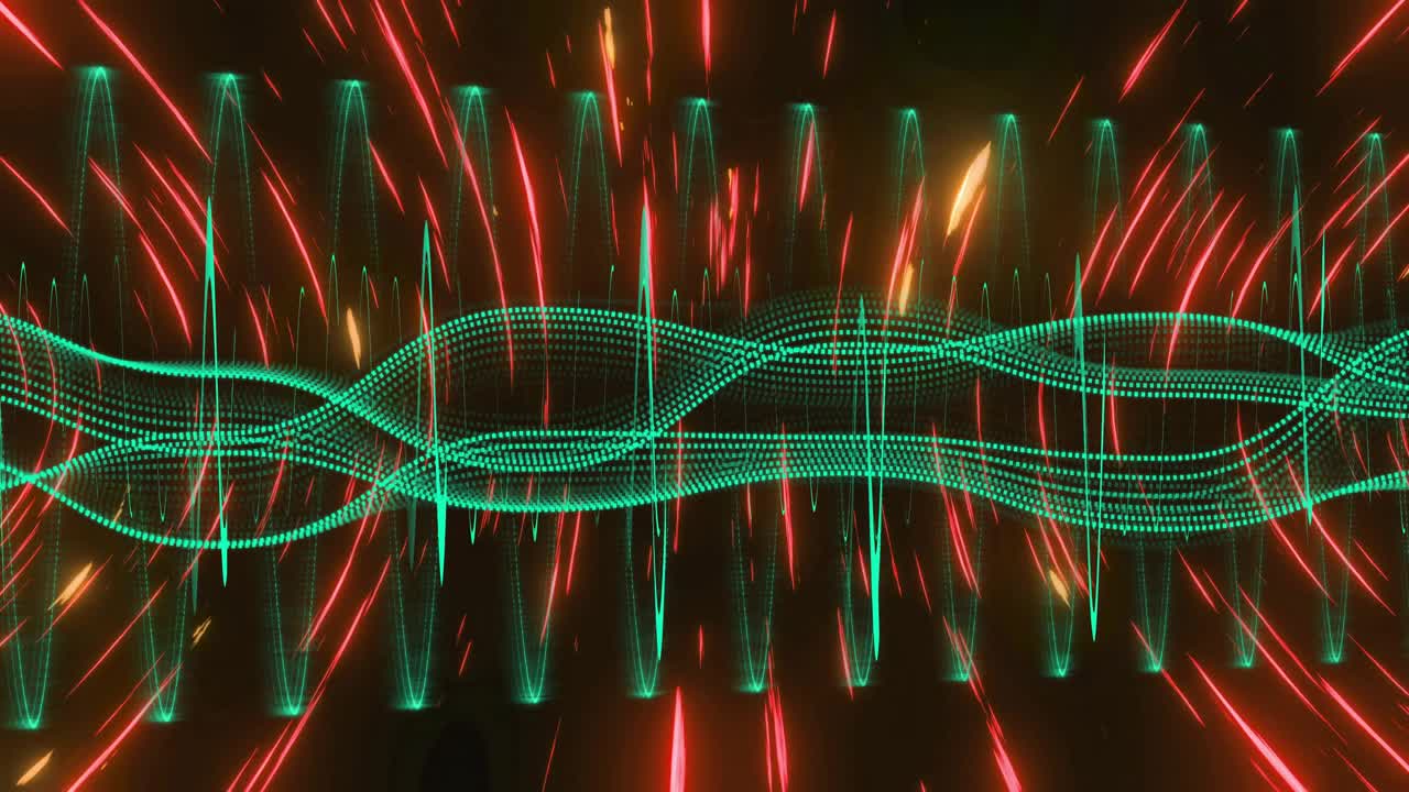 Rhythmic pulse driving teal ribbon undulating spikes pulsing, red sparks fanning visualizing motion