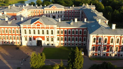aerial view of a grand red palace in russia