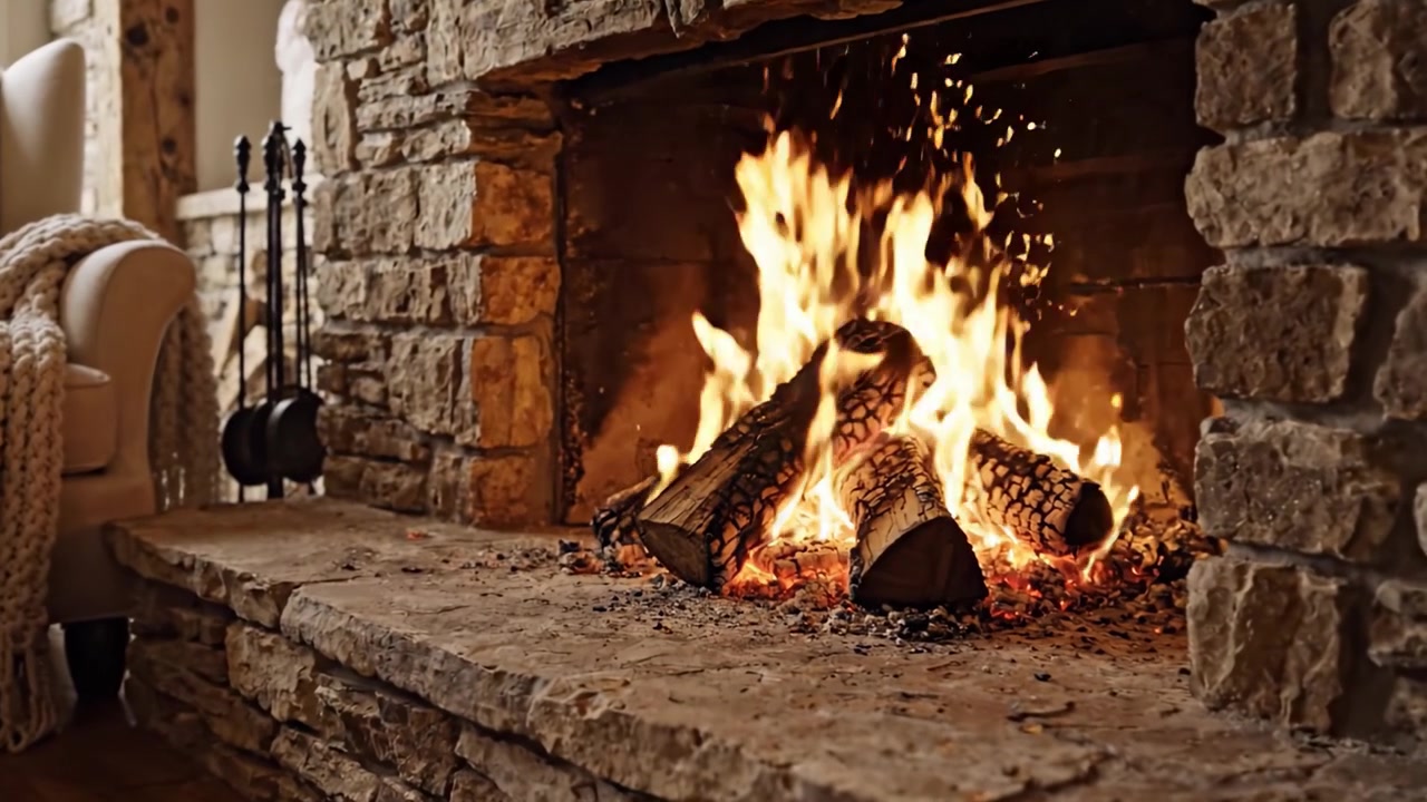 Un accogliente ambiente con camino con fiamme danzanti e una cornice rustica in pietra, perfetto per una calda serata al chiuso in comfort e stile.