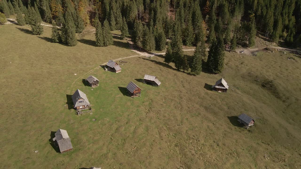 Oversigtsbillede af en landlig bjerglandsby med omkringliggende skov, Slovenien