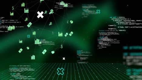 animación de procesamiento de datos e iconos de medios en fondo negro