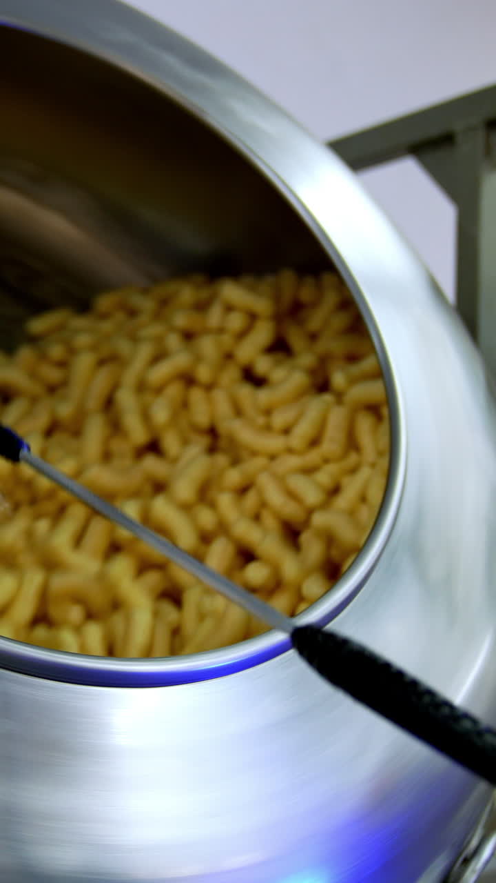 Long stick device spreading sugar glazing on the snacks. Metal tank rotating to cover the sticks with sugar thoroughly. Vertical video
