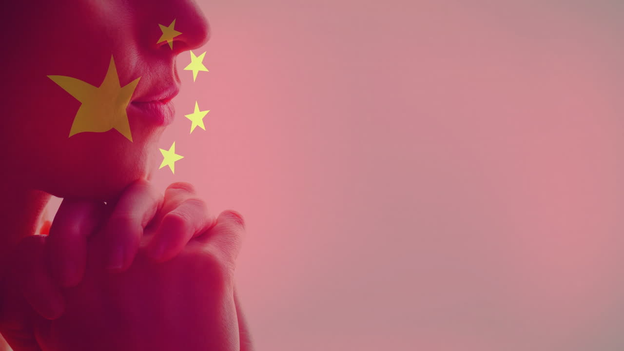 Contemplating thoughtfully, person with Chinese flag overlay on face in animation