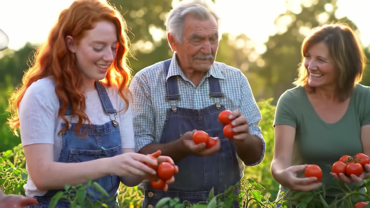 A Heartwarming Moment in Agriculture: Family Harvesting Fresh Tomatoes Together in a Sunlit Garden, Celebrating Nature's Bounty and Togetherness