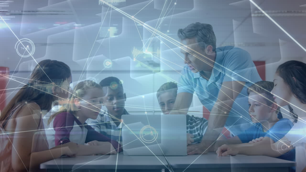 Animation of connections over caucasian male teacher and class of diverse pupils with laptop