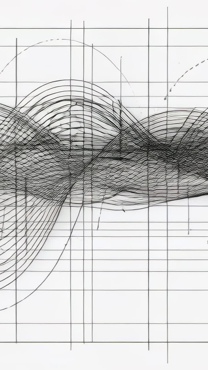 Vertical video: Shifting black ribbon sliding over grid with vertical guides, frames driving arcs