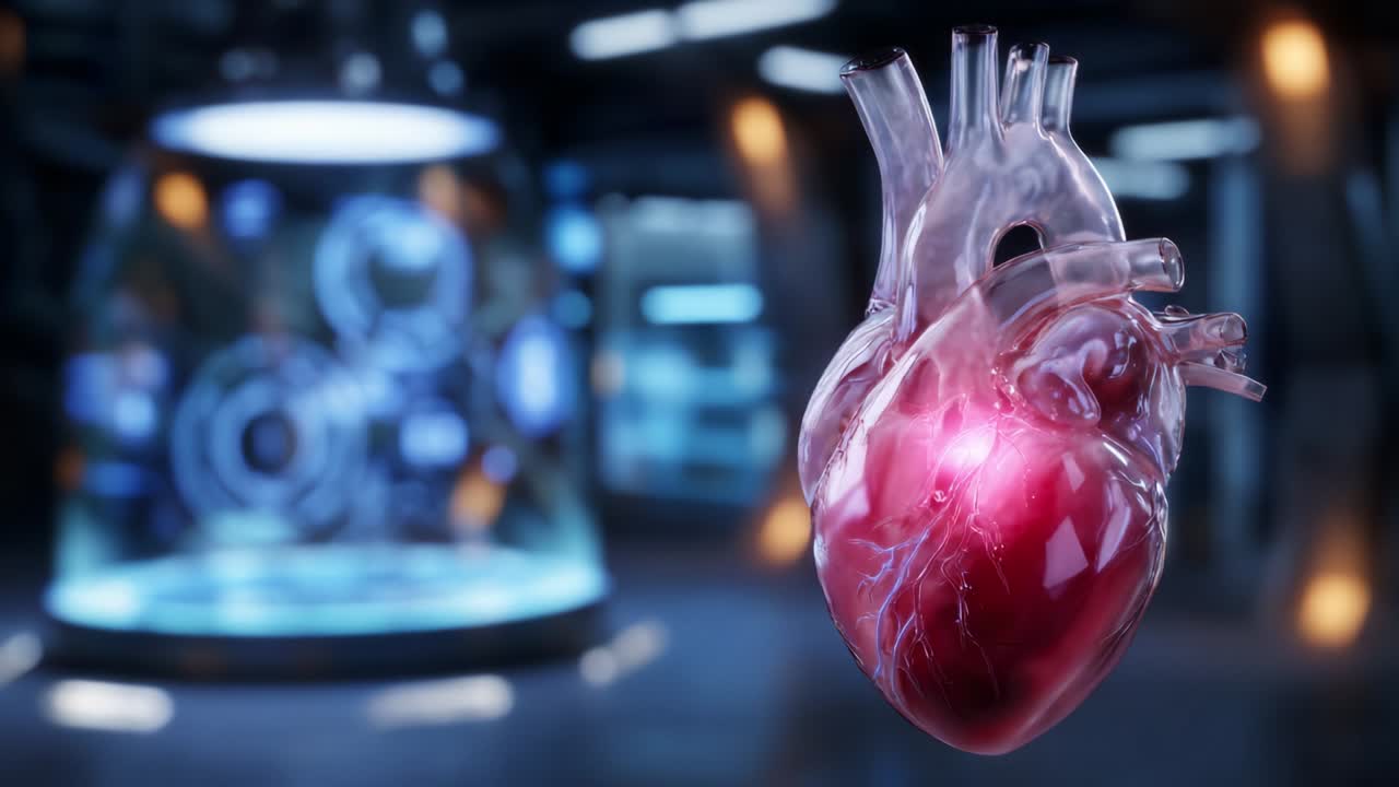 A stunning, hyper-realistic depiction of a biological heart illuminated by vibrant energy in a futuristic laboratory setting, showcasing the intricate details and artistry of human anatomy through advanced rendering techniques