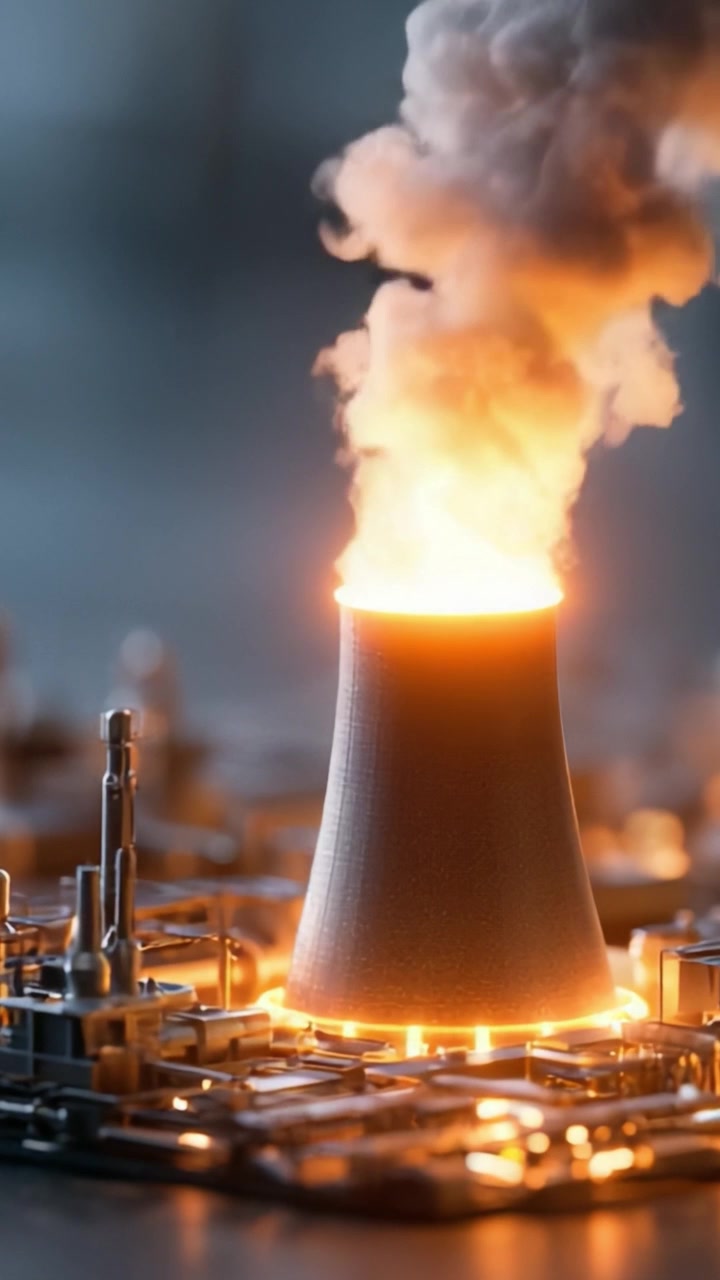 Una scena drammatica di emissione da una torre di raffreddamento: catturare il calore intenso e il fumo che si innalzano sopra l'infrastruttura di una centrale elettrica.
