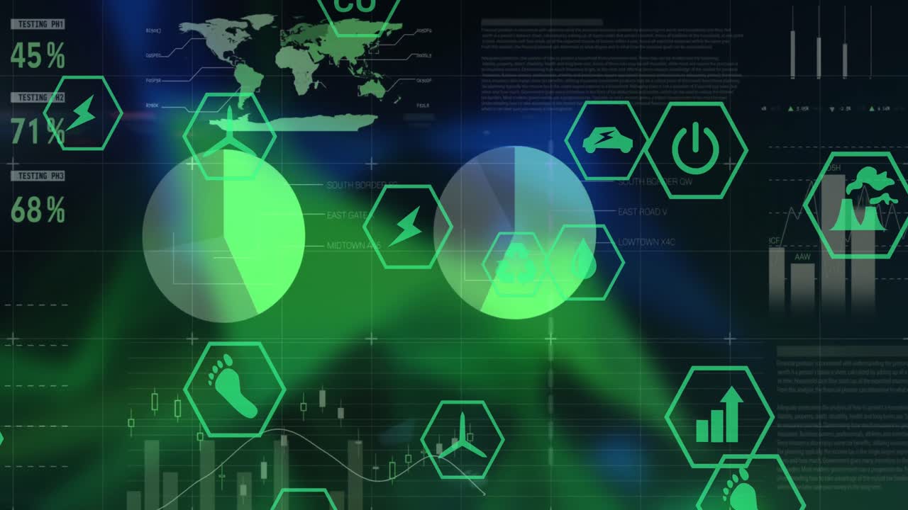 검은색 배경에 있는 데이터 처리 및 생태 아이콘의 애니메이션