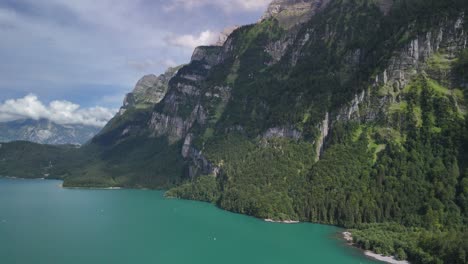 klontalersee natural lake in canton of glarus, aerial view