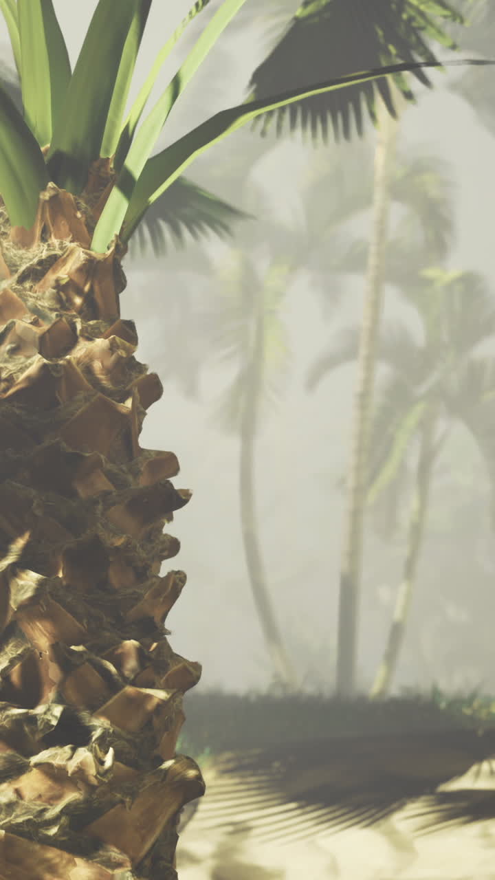 Palms tower over tropical landscape shrouded in mist at dawn