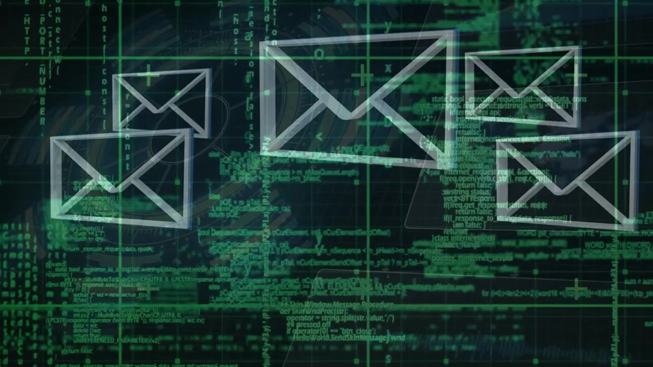 Animation of digital data processing over grid and email envelopes