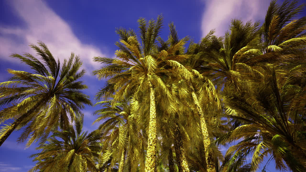 Palm trees sway gently under bright blue sky with fluffy clouds