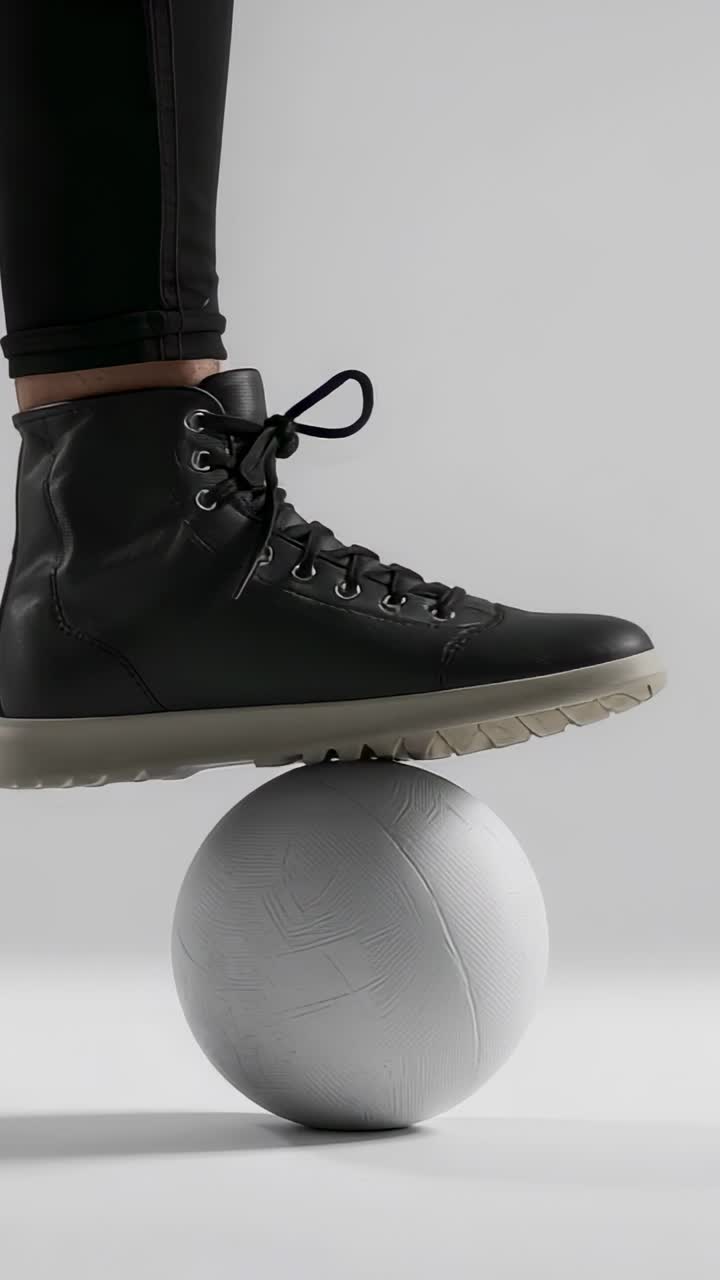Vídeo vertical: Bajando una pierna con bota y pantalones con dobladillo sobre un balón en un estudio, equilibrándose para estabilizar el pie.