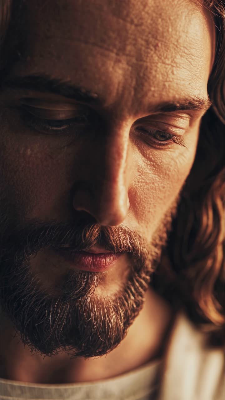 Close-up, cinematic video style capturing a contemplative expression with dramatic lighting