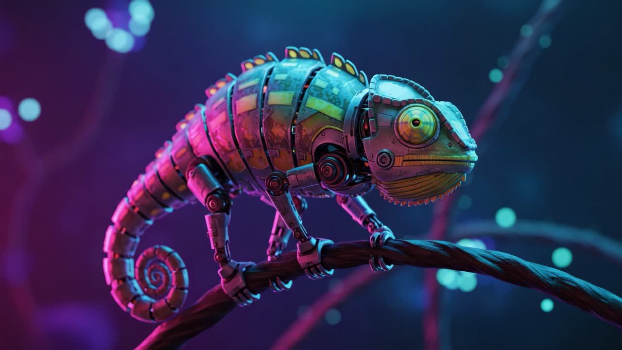 A Stunning Robotic Chameleon Perched on a Branch, Capturing the Beauty of Nature with Its Colorful Mechanisms in a Vibrant, Enchanting Background