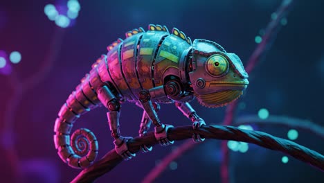 a stunning robotic chameleon perched on a branch, capturing the beauty of nature with its colorful mechanisms in a vibrant, enchanting background