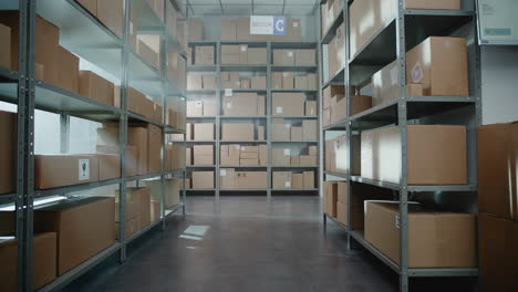 warehouse interior with cardboard boxes on shelving