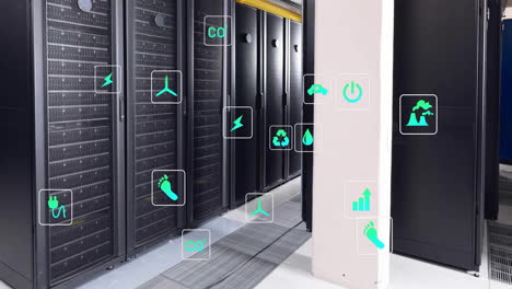 animación de iconos ecológicos y procesamiento de datos a través de servidores informáticos.