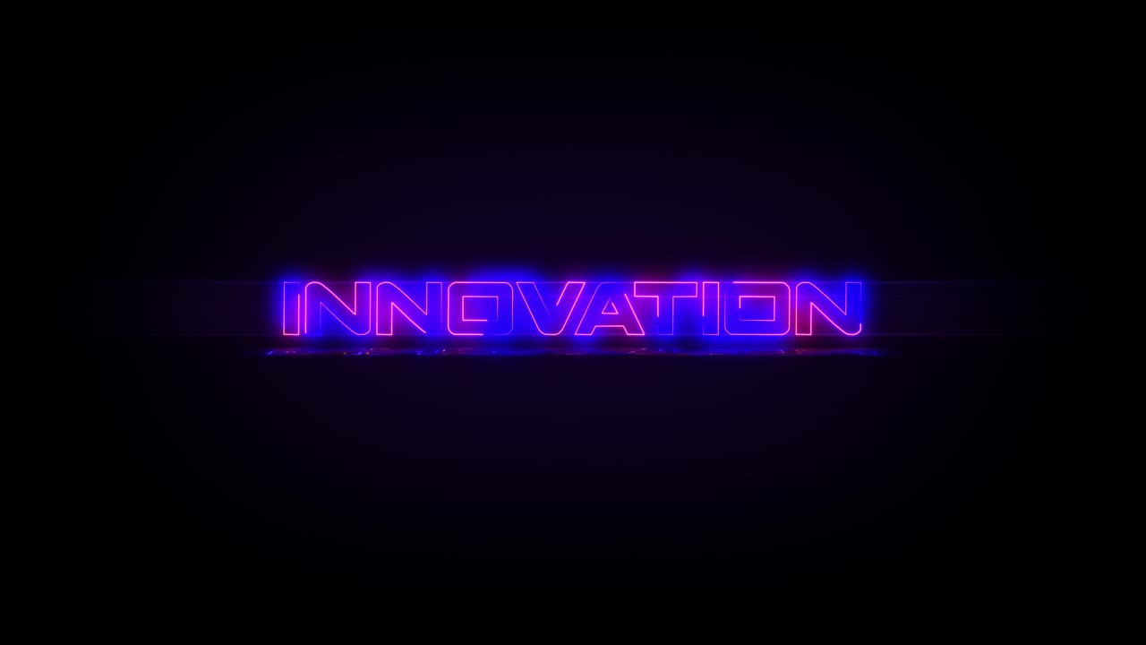 Flashing INNOVATION electric blue and pink neon Sign flashing on and off with flicker, reflection, and anamorphic lights in 4k