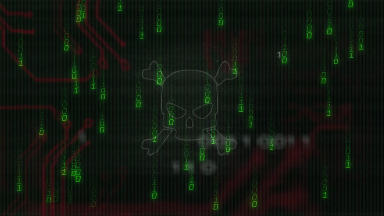 Wireframe skull and crossbones icon floating as green binary digits cascading over red circuitry