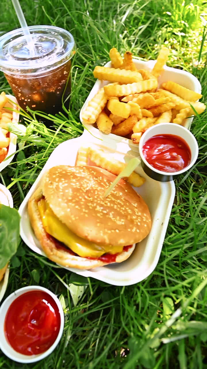 Burger keju lezat dan piknik kentang goreng di luar ruangan. Burger keju menggugah selera dengan bacon, kentang goreng, dan cola diletakkan di atas rumput hijau selama piknik musim panas di luar ruangan
